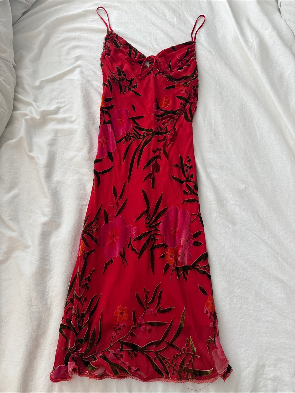 Betsey Johnson Red Floral Velvet-Trim Midi Slip Dress - Picture 2 of 5